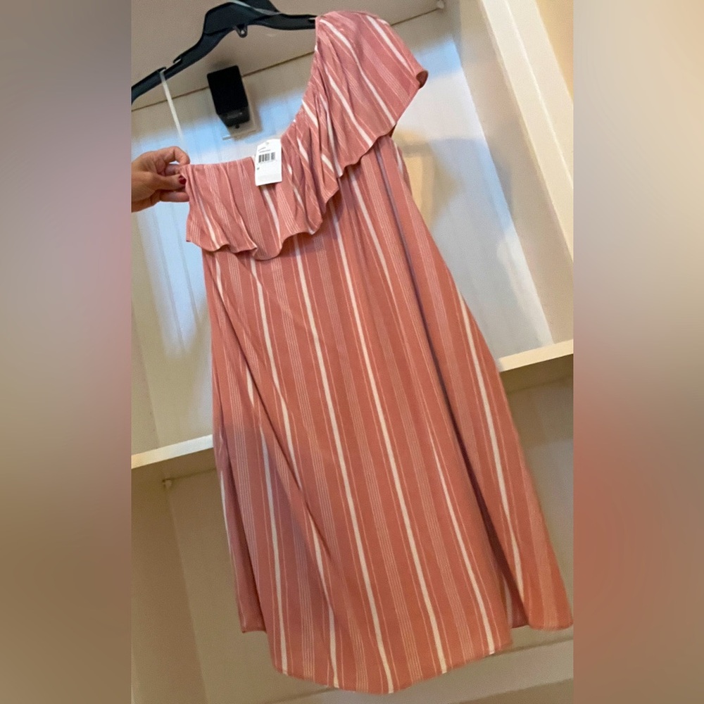 Le Kate | Rose Pink & White Vertical Stripped One Shoulder Dress | M | NWT - Picture 2 of 8